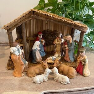 Vintage Sears Christmas Nativity Set, Stable and 11 Figures in Box Hand Painted